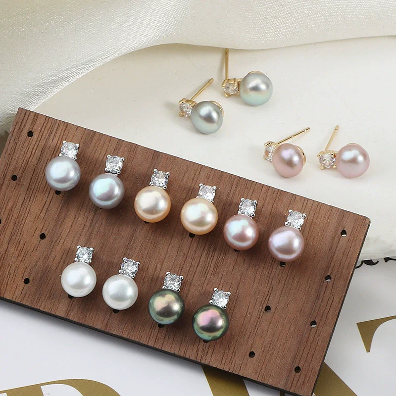 Wholesale Princess Freshwater Pearl Earrings 925 Silver Needle Copper Inlay Multicolor Natural Oblate Shape