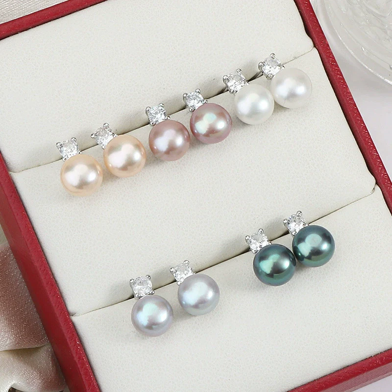 Wholesale Princess Freshwater Pearl Earrings 925 Silver Needle Copper Inlay Multicolor Natural Oblate Shape - Image 2