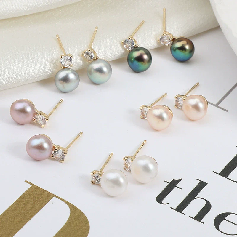 Wholesale Princess Freshwater Pearl Earrings 925 Silver Needle Copper Inlay Multicolor Natural Oblate Shape - Image 4