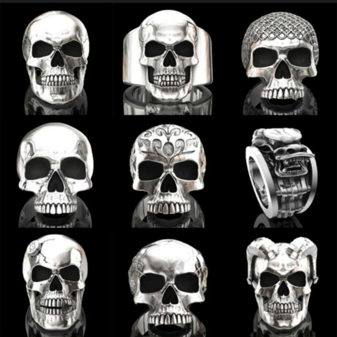 Wholesale Punk Style Alloy Gold Inlaid Geometric Skull Ghost Head Rings For Unisex
