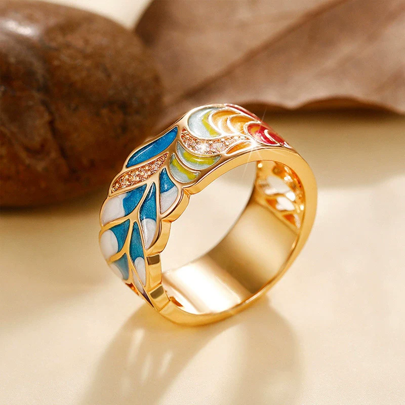 Wholesale Punk Style Copper Gold Plated Ring With Oil Drop Blue And White Porcelain Pattern And Leaves Design For Women - Image 3
