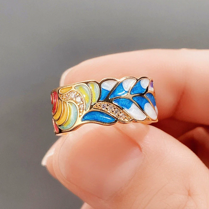Wholesale Punk Style Copper Gold Plated Ring With Oil Drop Blue And White Porcelain Pattern And Leaves Design For Women - Image 4