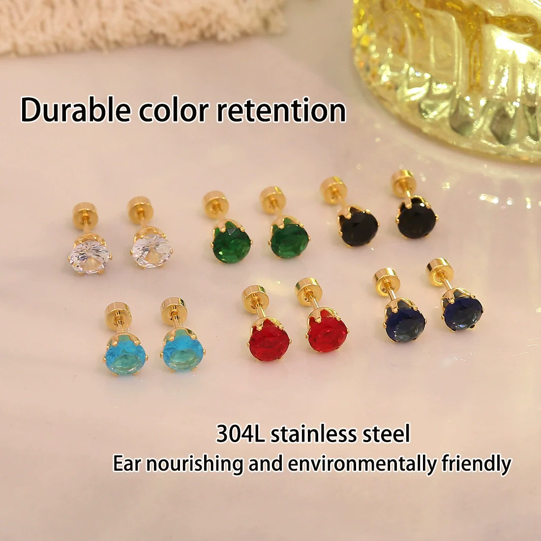 Wholesale Real Gold Plated Titanium Steel And Stainless Steel Sixclaw Colorful Zircon Earrings For Men And Women With Geometric Casual Style