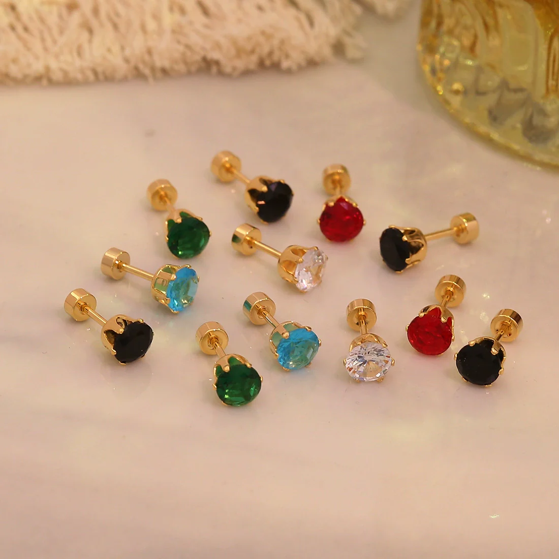 Wholesale Real Gold Plated Titanium Steel And Stainless Steel Sixclaw Colorful Zircon Earrings For Men And Women With Geometric Casual Style - Image 2