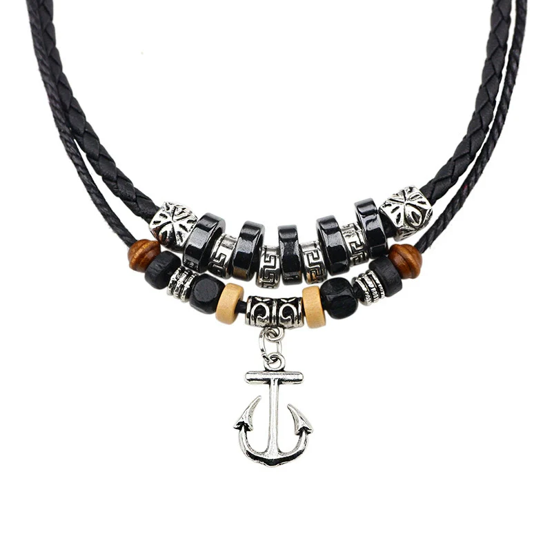 Wholesale Retro Anchor Alloy Necklace With Silver Leather Woven Wax Rope And Electroplating Treatment - Image 5