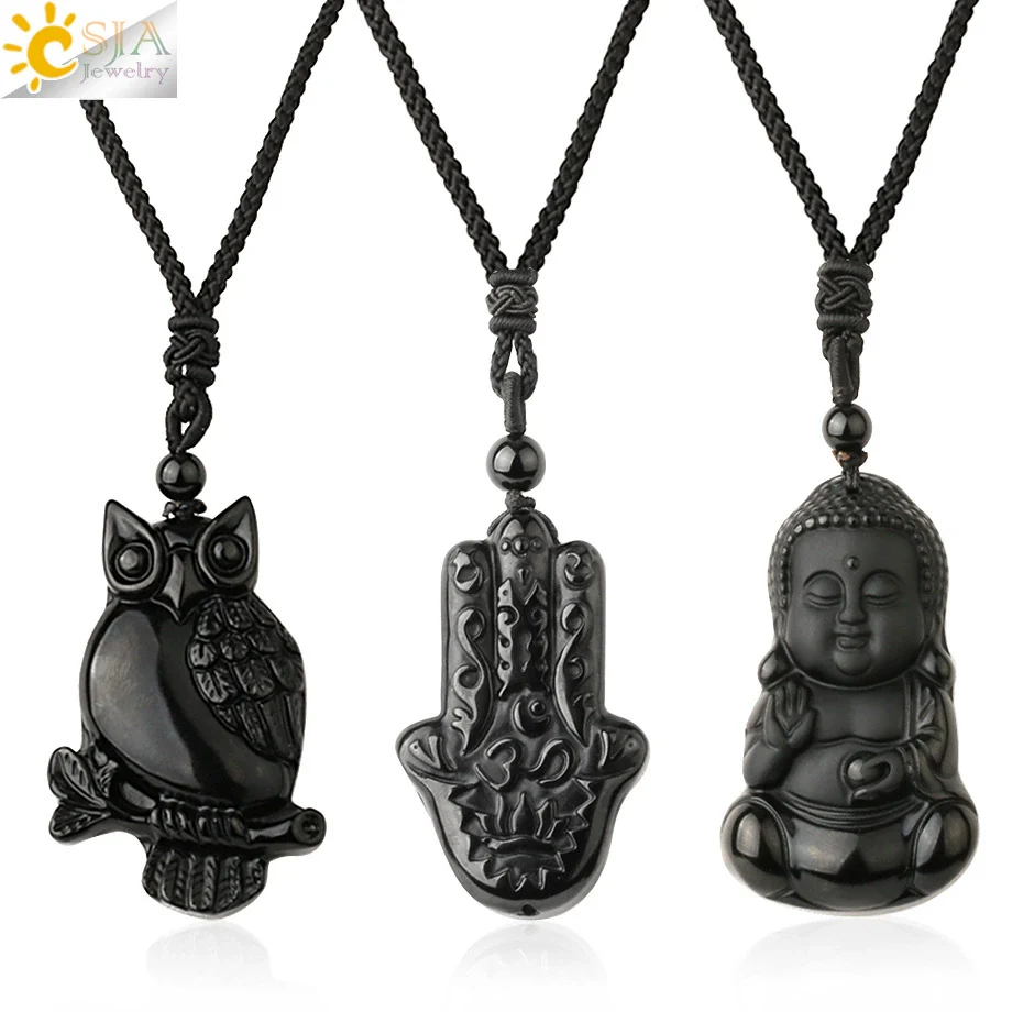Wholesale Retro Animal Pendant Necklace With Obsidian And Braided Rope Polished