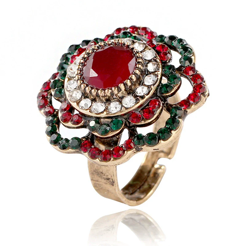 Wholesale Retro Bohemian Hollow Flower Opening Ring For Women Rhinestone Wave Style Jewelry