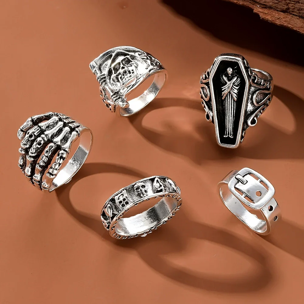 Wholesale Retro Distressed Alloy Geometric Skull Palm Belt Leaf Ring With Electroplating - Image 2