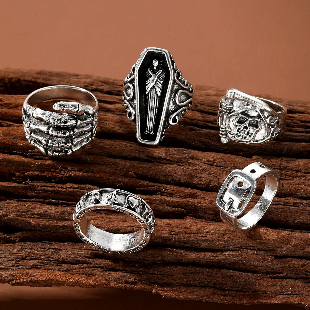 Wholesale Retro Distressed Alloy Geometric Skull Palm Belt Leaf Ring With Electroplating - Image 3