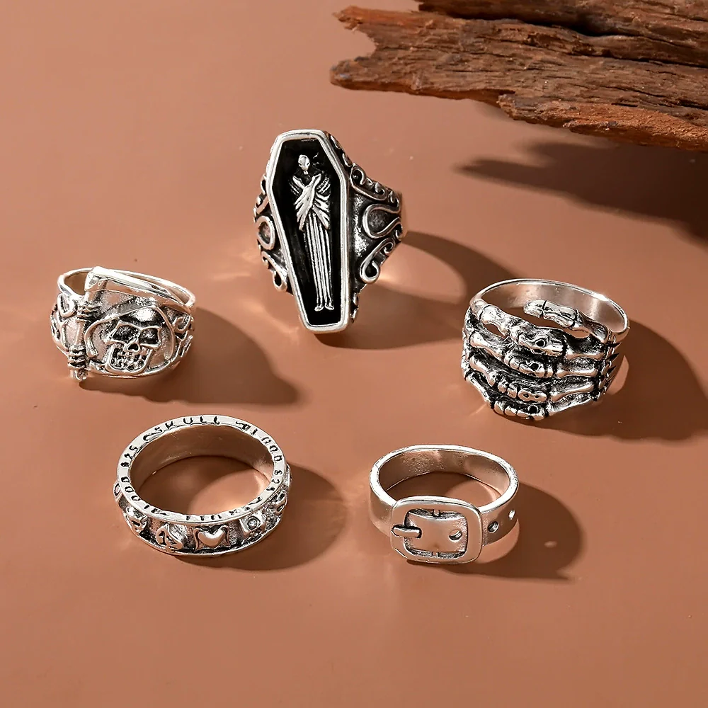 Wholesale Retro Distressed Alloy Geometric Skull Palm Belt Leaf Ring With Electroplating - Image 4