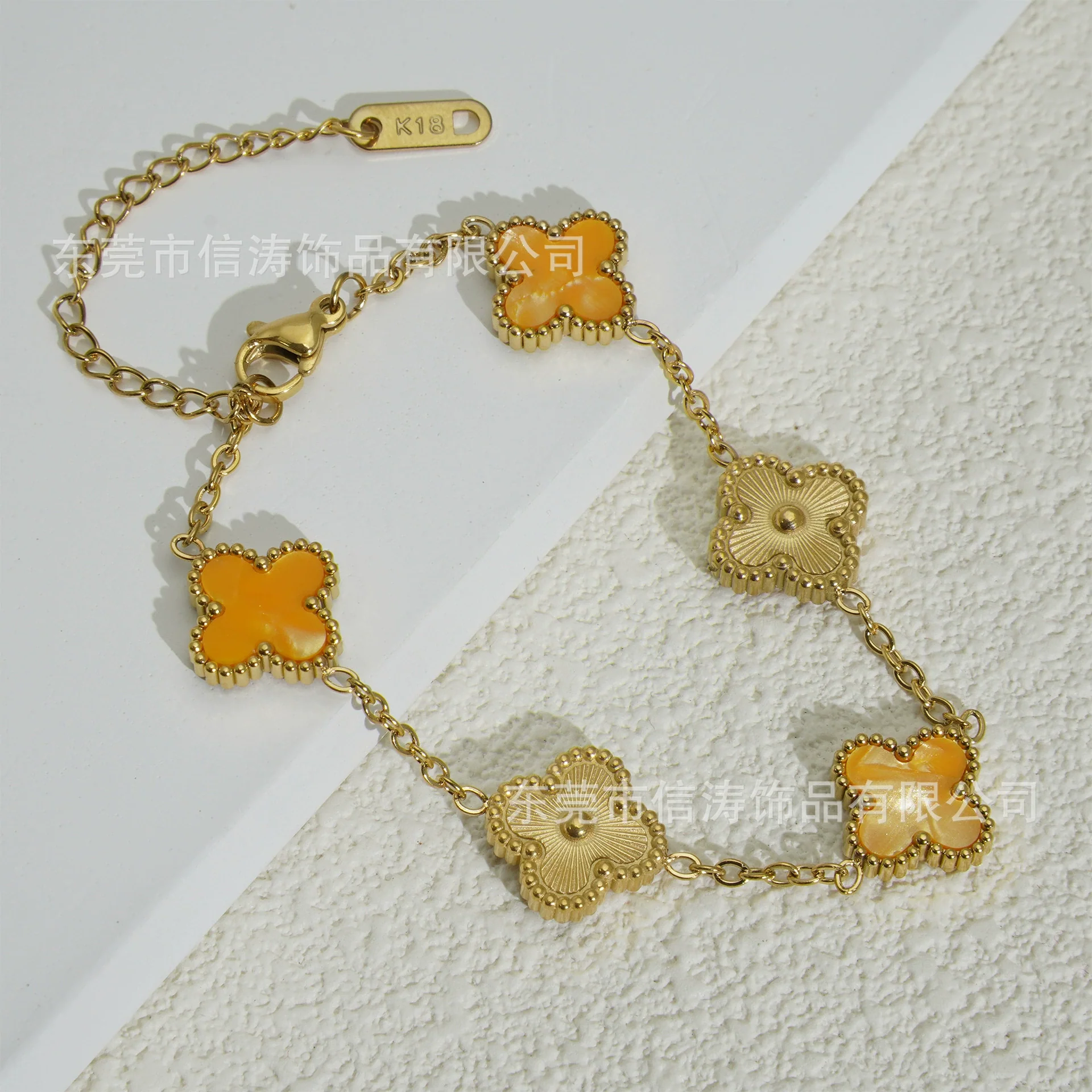 Wholesale Retro Floral Stainless Steel 18K Gold Plated Lucky Clover Bracelet For Men And Women - Image 14