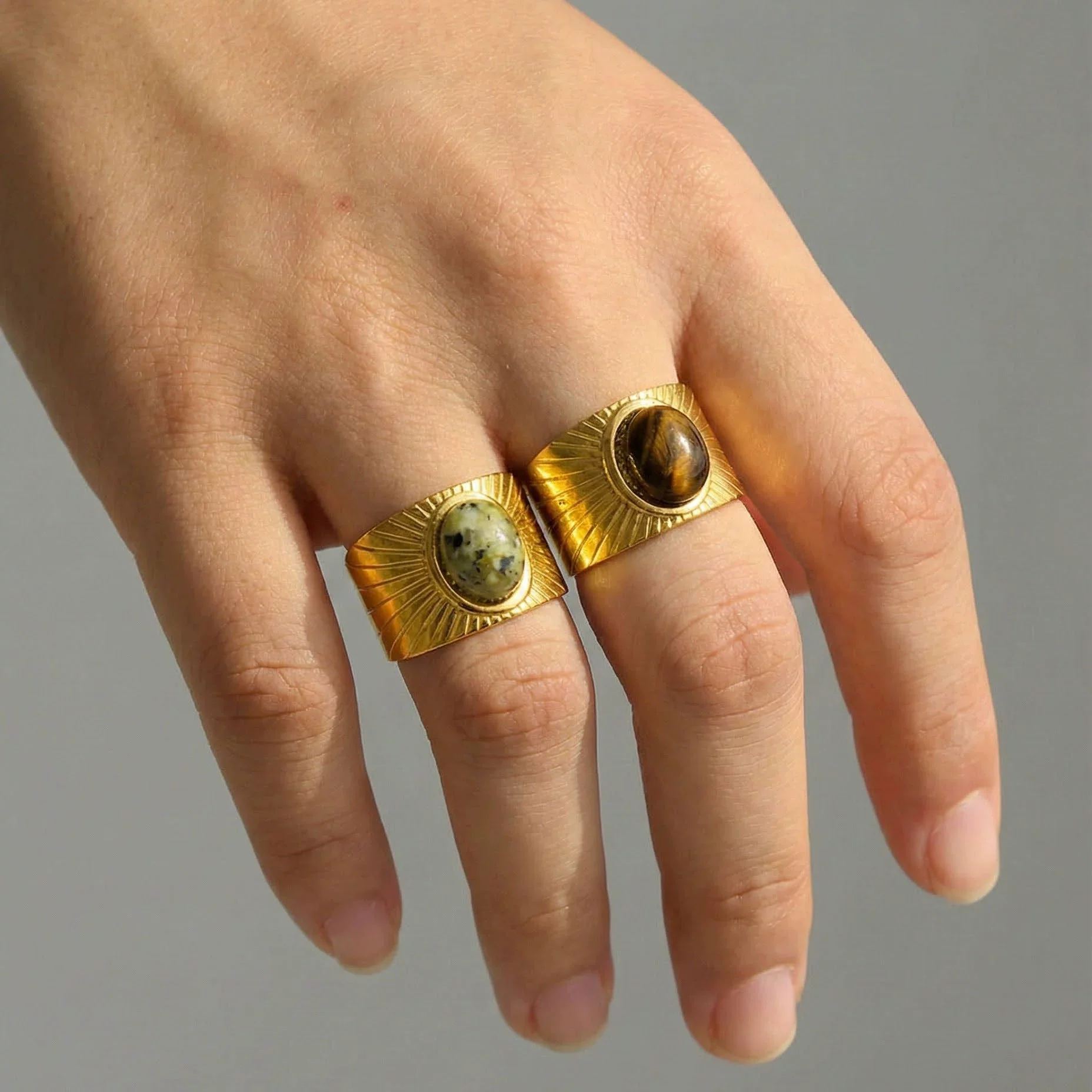 Wholesale Retro Geometric Emerald Stone Colorful Natural Stone 18K Gold Plated Stainless Steel Ring For Women - Image 4