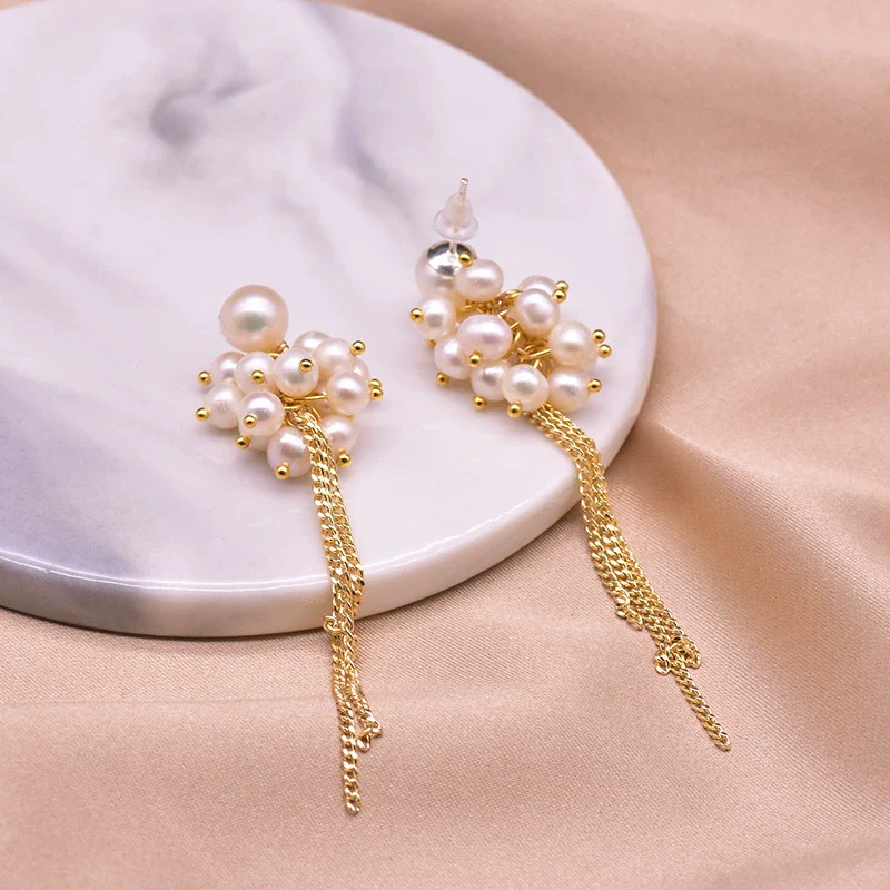 Wholesale Retro Geometric Natural Pearl 925 Sterling Silver Tassel Earrings With Electroplating - Image 6