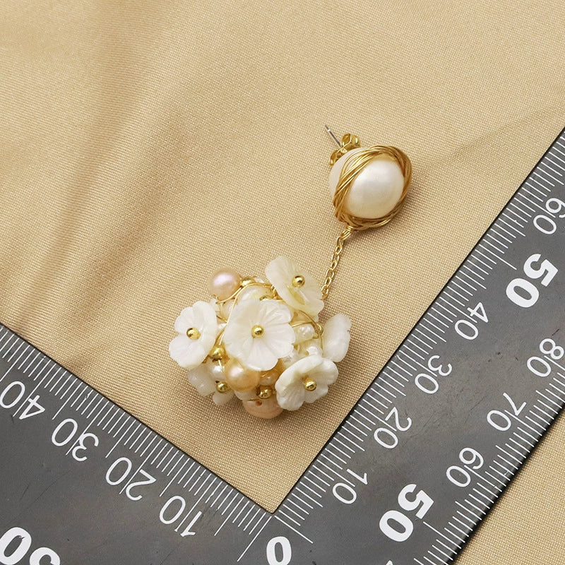 Wholesale Retro Geometric Natural Pearl Shell Flower Ball Pendant Earrings With Electroplating Design - Image 4