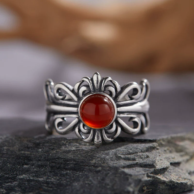 Wholesale Retro Geometric S925 Sterling Silver Natural Colored Gemstone Open Ring Set With Precious Stones - Image 2