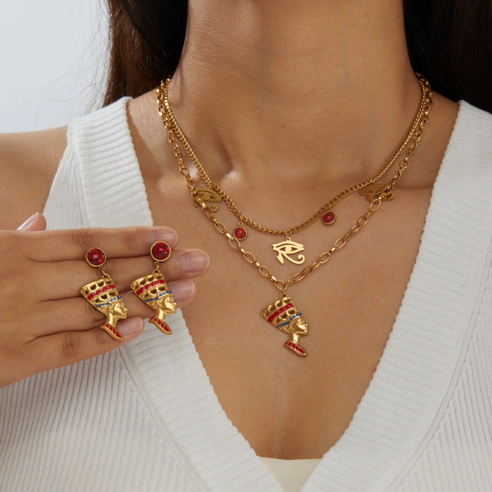 Wholesale Retro Goldplated Stainless Steel Cross Chain Necklace And Earrings Set For Women - Image 2