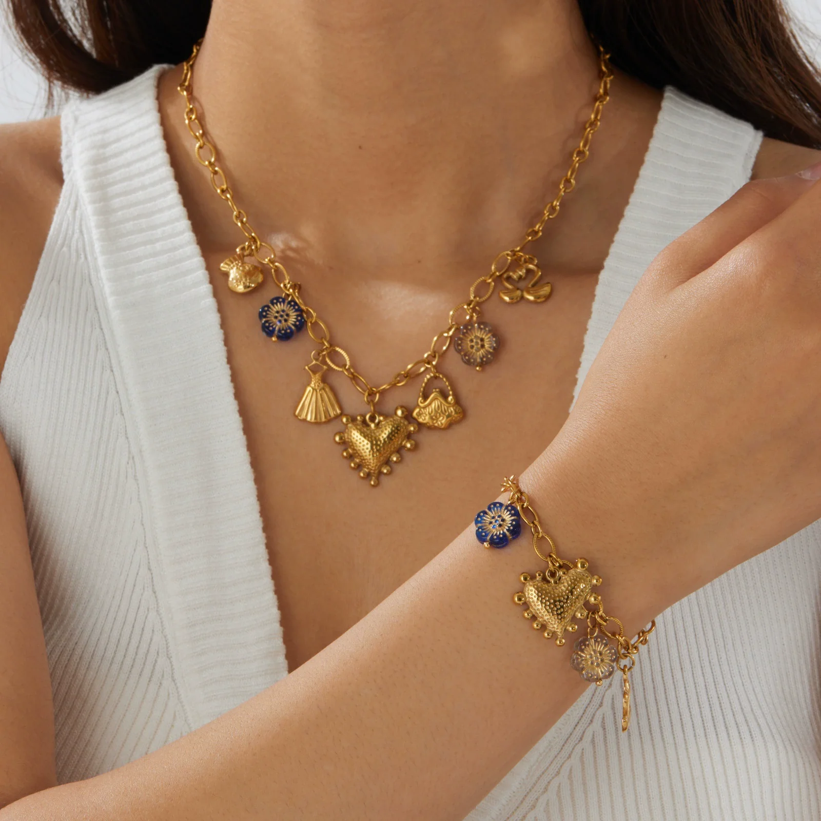 Wholesale Retro Goldplated Stainless Steel Jewelry Set With Heart Water Drop And Bell Patterns For Women - Image 2