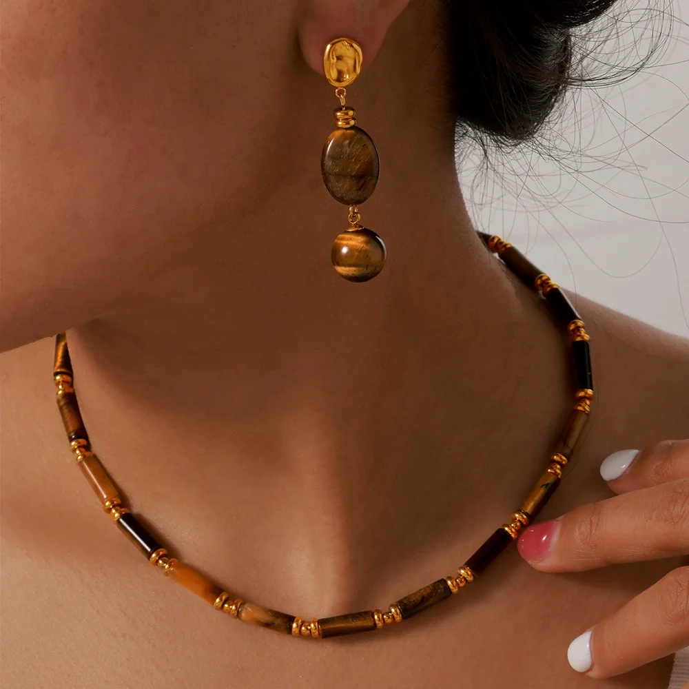 Wholesale Retro Jewelry Set With Tiger Eye Stone Beaded Design Electroplated Titanium Steel For Men And Women - Image 2