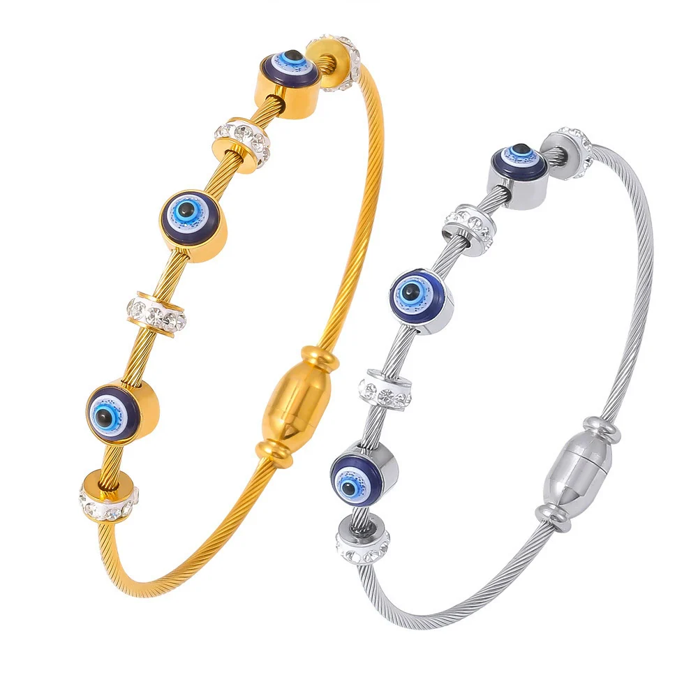Wholesale Retro Luxury Geometric Devil's Eye Oil Drop Bracelet Encrusted With Diamonds Titanium Steel 18K Gold Plated - Image 4