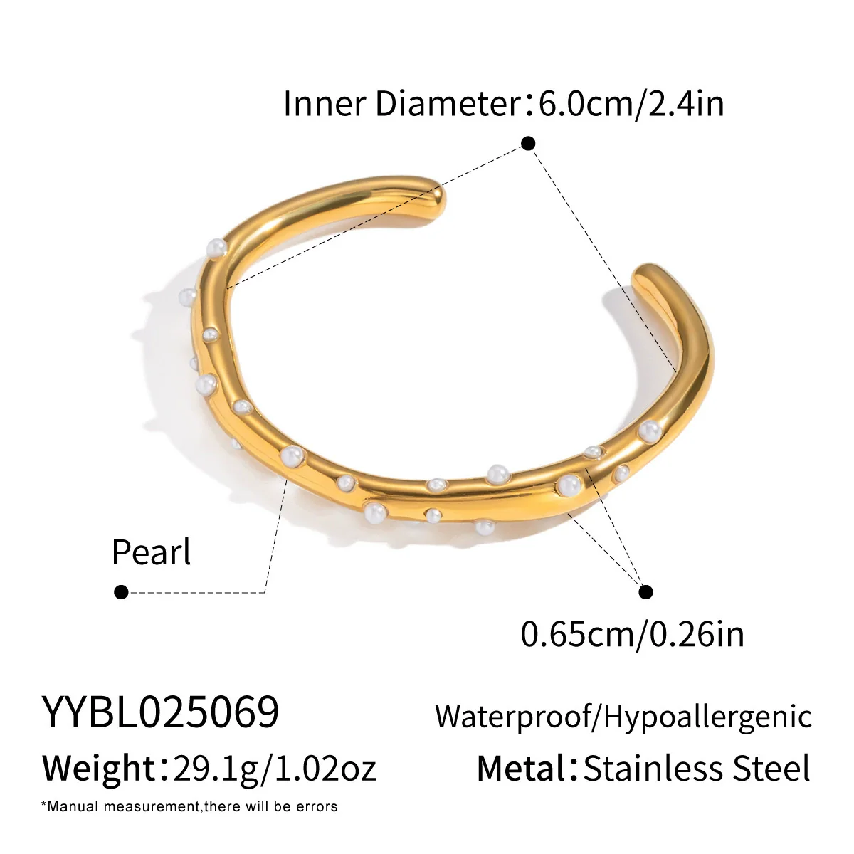 Wholesale Retro Minimalist Inlaid Pearl Irregular Arc Opening Stainless Steel Bracelet With Pvd Furnace Vacuum Real Gold Plating - Image 6