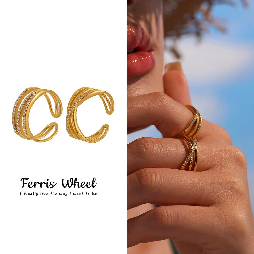 Wholesale Retro Multilayer Cross Geometric Zircon Stainless Steel Goldplated Women's Ring