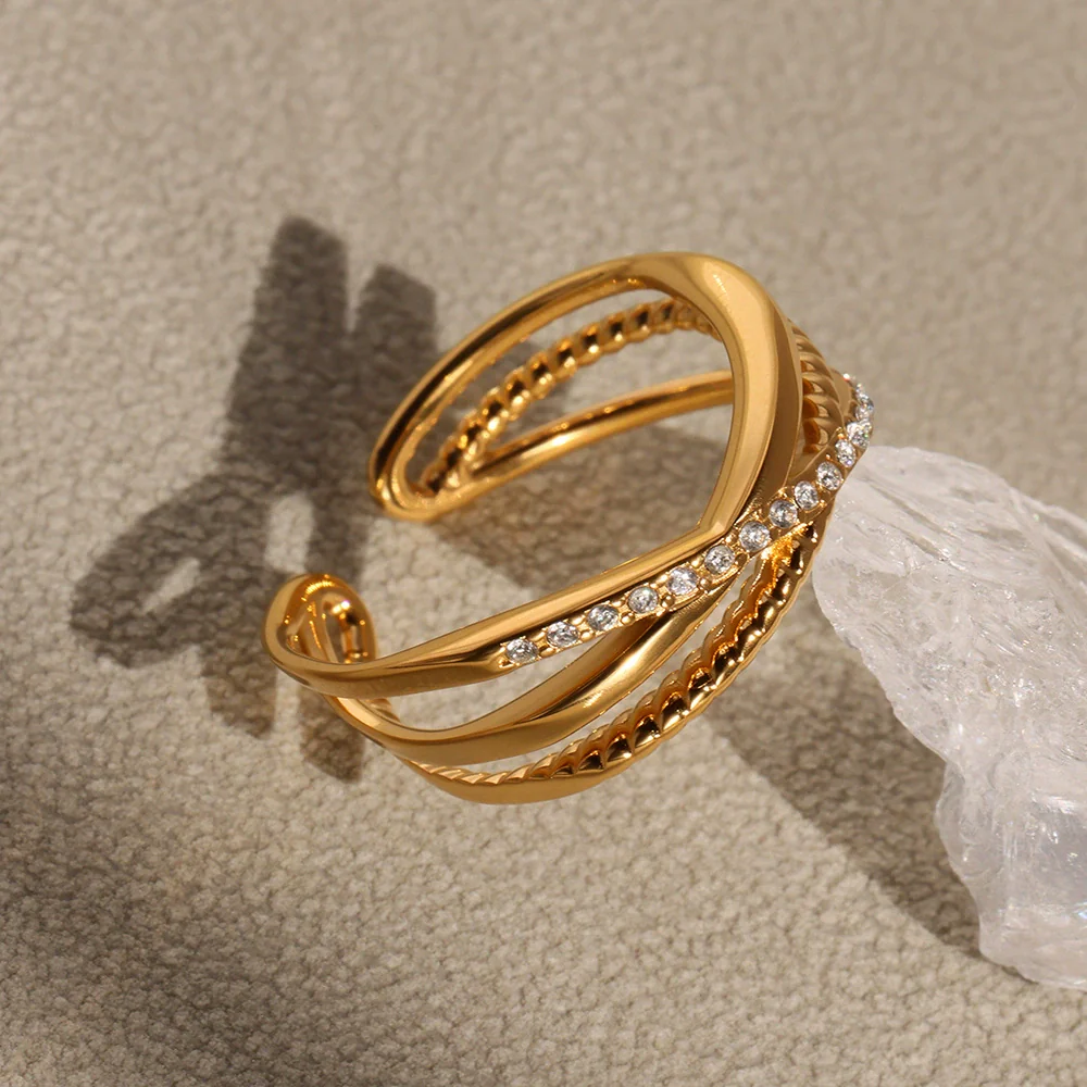Wholesale Retro Multilayer Cross Geometric Zircon Stainless Steel Goldplated Women's Ring - Image 2
