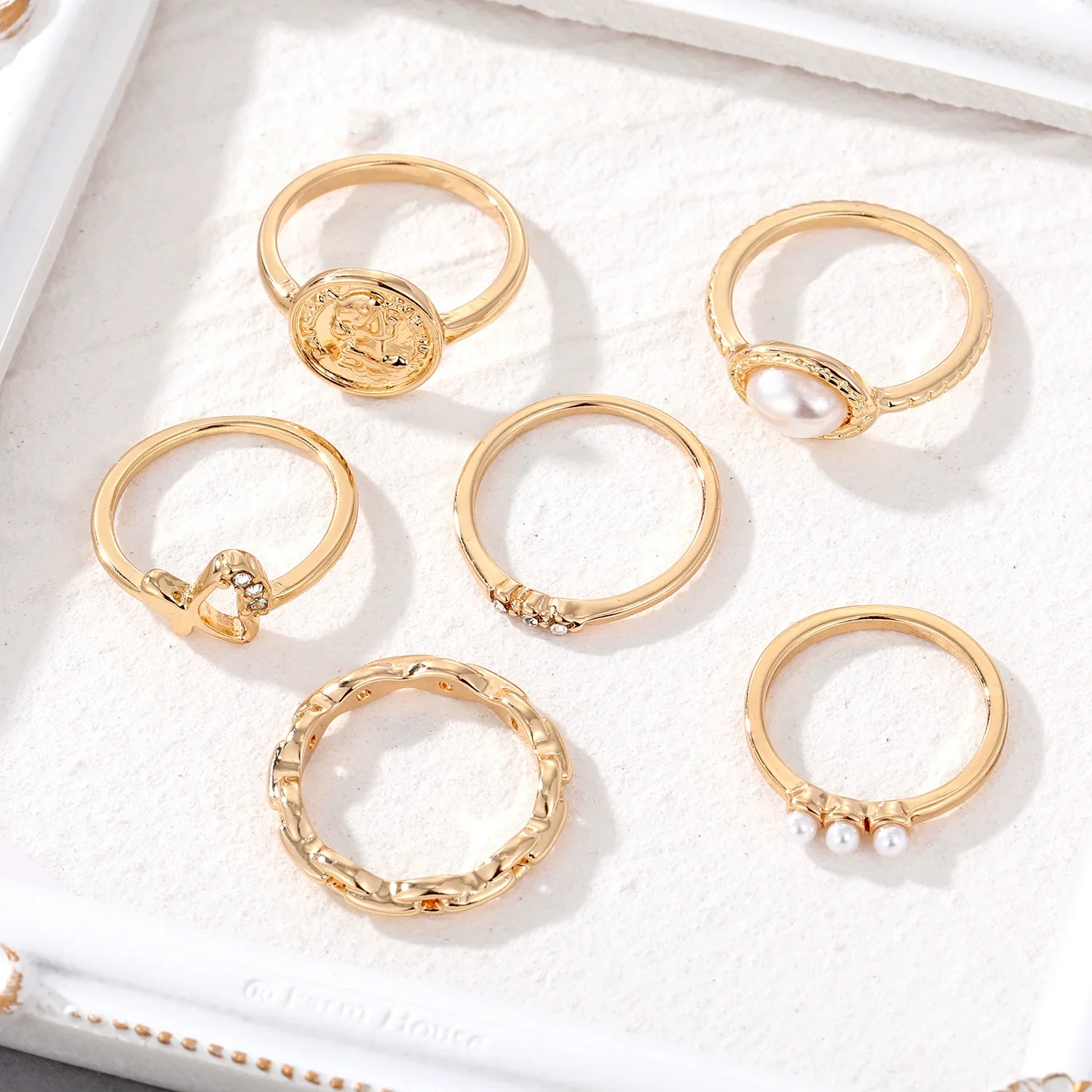 Wholesale Retro Pearl Alloy Ring With Geometric Pattern Hollow And Butterfly Embossed Design Unisex - Image 3