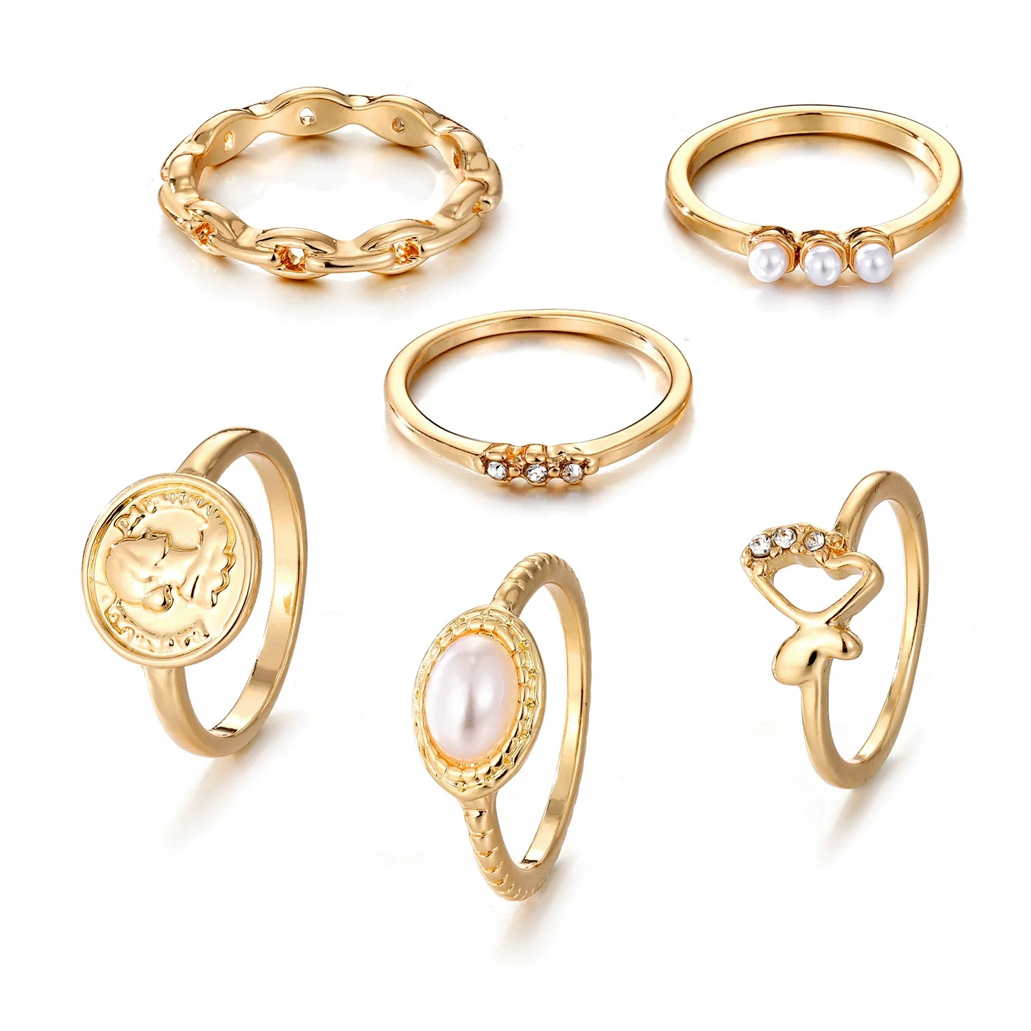 Wholesale Retro Pearl Alloy Ring With Geometric Pattern Hollow And Butterfly Embossed Design Unisex - Image 5