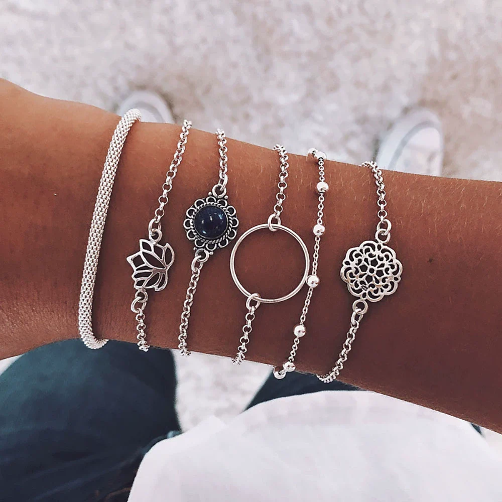 Wholesale Retro Style Geometric Alloy Bracelet Set With Electroplating Processing