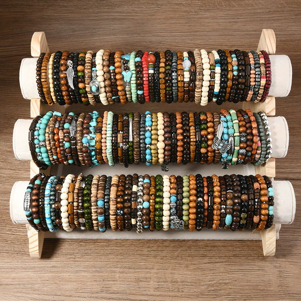 Wholesale Retro Style Geometric Butterfly Wooden Beads Handmade Elastic Hair String Set