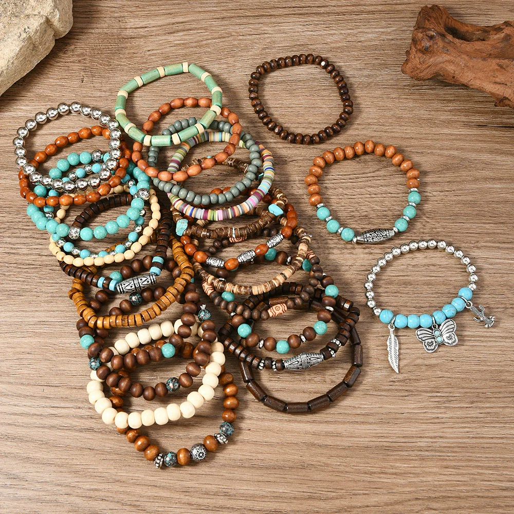 Wholesale Retro Style Geometric Butterfly Wooden Beads Handmade Elastic Hair String Set - Image 10