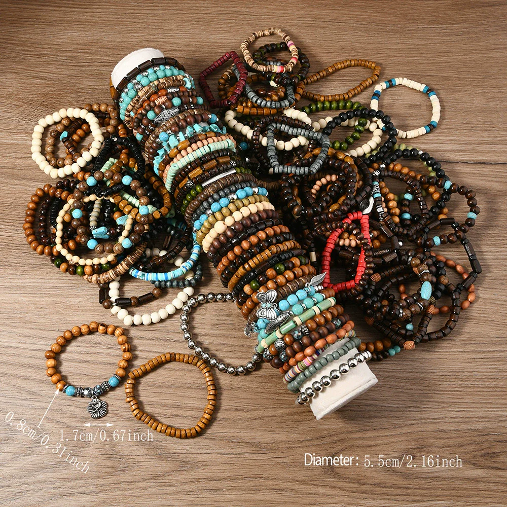 Wholesale Retro Style Geometric Butterfly Wooden Beads Handmade Elastic Hair String Set - Image 13