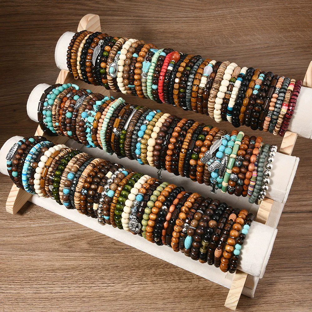 Wholesale Retro Style Geometric Butterfly Wooden Beads Handmade Elastic Hair String Set - Image 15