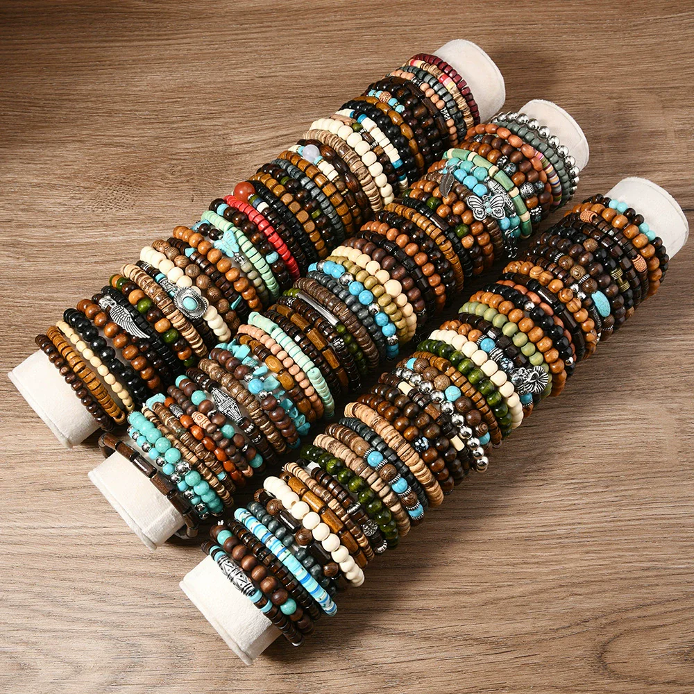 Wholesale Retro Style Geometric Butterfly Wooden Beads Handmade Elastic Hair String Set - Image 3