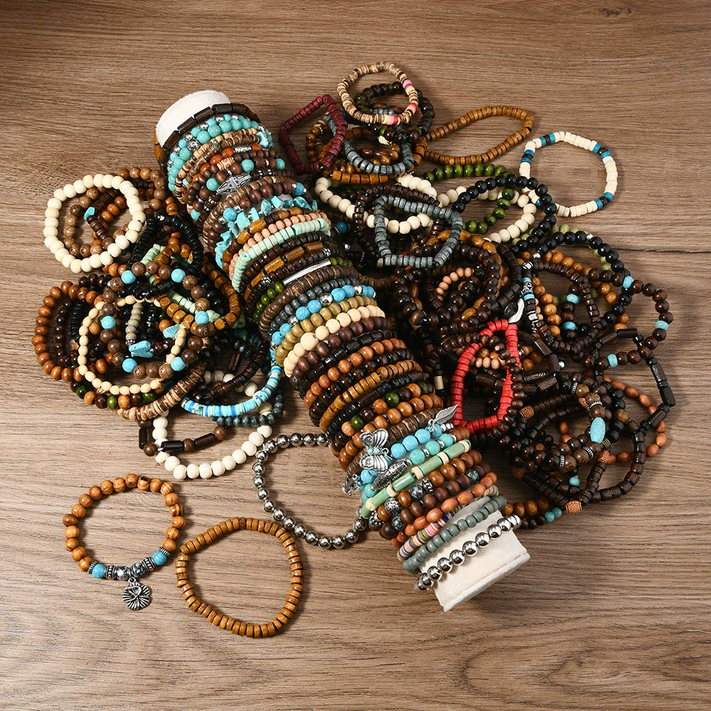 Wholesale Retro Style Geometric Butterfly Wooden Beads Handmade Elastic Hair String Set - Image 4