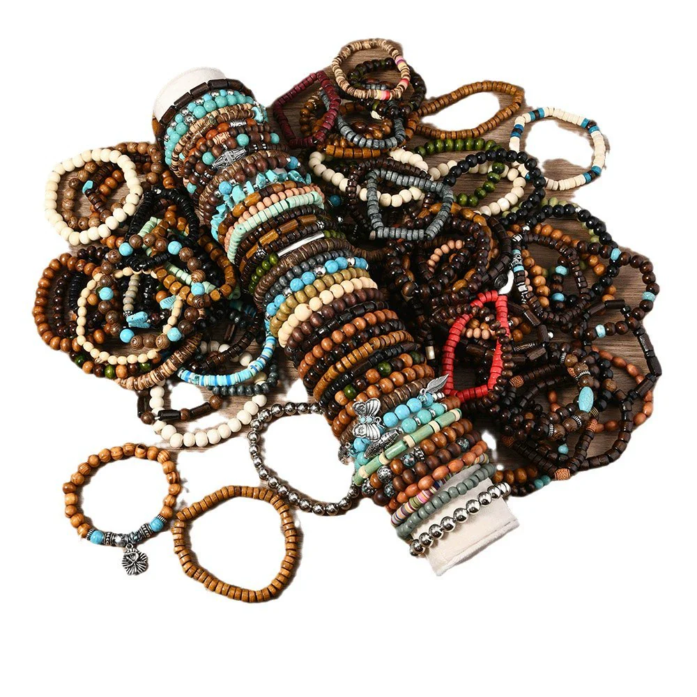 Wholesale Retro Style Geometric Butterfly Wooden Beads Handmade Elastic Hair String Set - Image 5