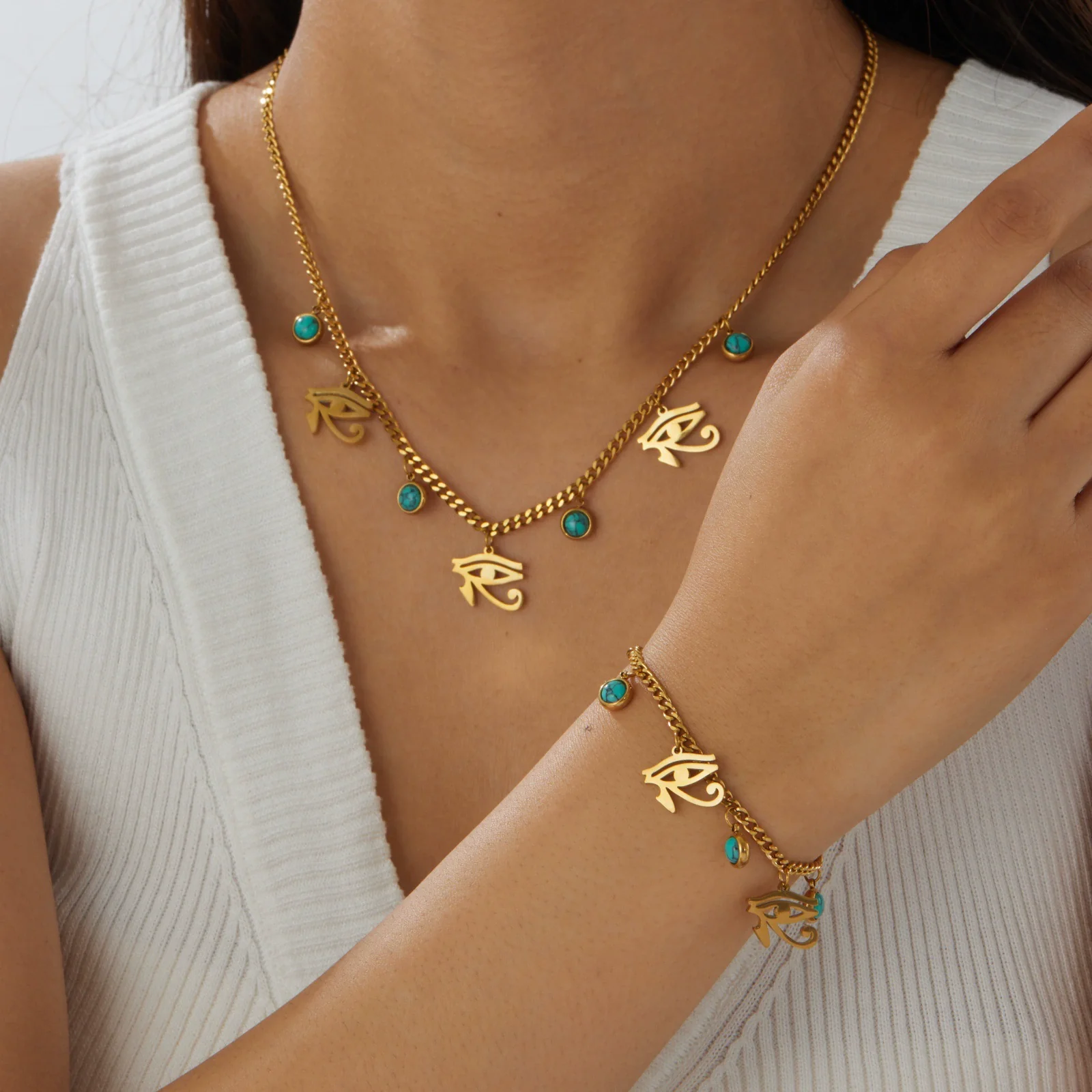 Wholesale Retro Turquoise Eye Stainless Steel Goldplated Jewelry Set For Women - Image 2