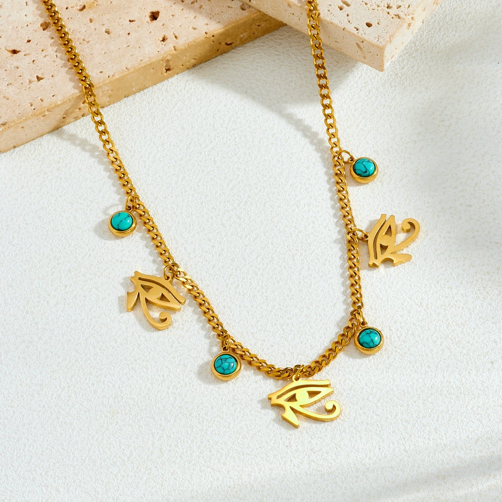 Wholesale Retro Turquoise Eye Stainless Steel Goldplated Jewelry Set For Women - Image 3