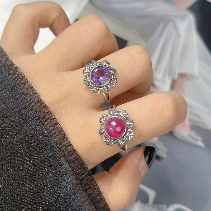 Wholesale Retro Women's S925 Sterling Silver Ring With Cut Out Flower Pattern Inlaid With Natural Jasper Topaz Gemstone - Image 2