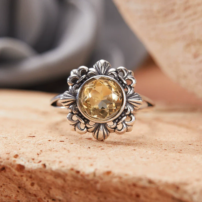 Wholesale Retro Women's S925 Sterling Silver Ring With Cut Out Flower Pattern Inlaid With Natural Jasper Topaz Gemstone - Image 3
