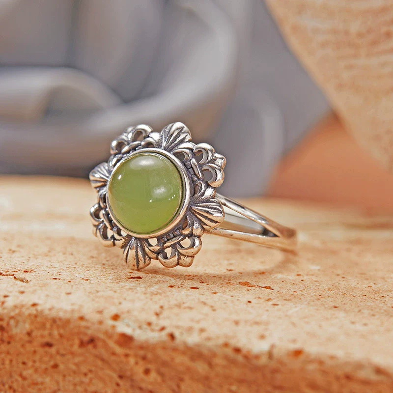 Wholesale Retro Women's S925 Sterling Silver Ring With Cut Out Flower Pattern Inlaid With Natural Jasper Topaz Gemstone - Image 4