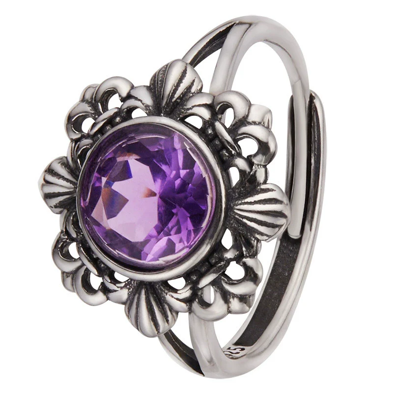 Wholesale Retro Women's S925 Sterling Silver Ring With Cut Out Flower Pattern Inlaid With Natural Jasper Topaz Gemstone - Image 5