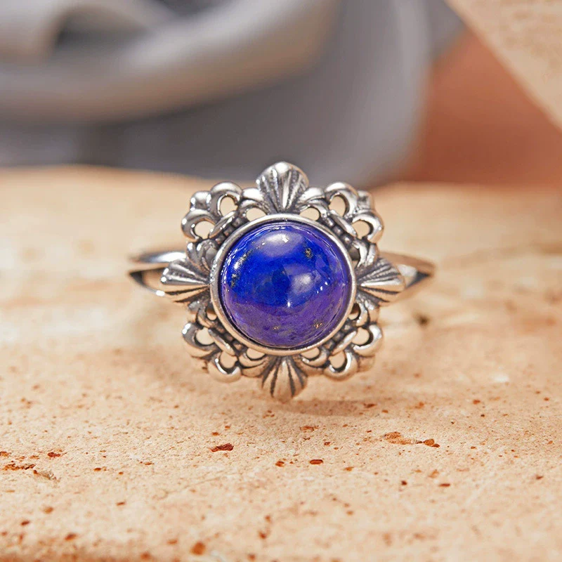 Wholesale Retro Women's S925 Sterling Silver Ring With Cut Out Flower Pattern Inlaid With Natural Jasper Topaz Gemstone - Image 6