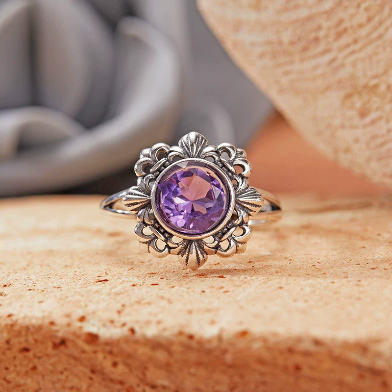 Wholesale Retro Women's S925 Sterling Silver Ring With Cut Out Flower Pattern Inlaid With Natural Jasper Topaz Gemstone - Image 7