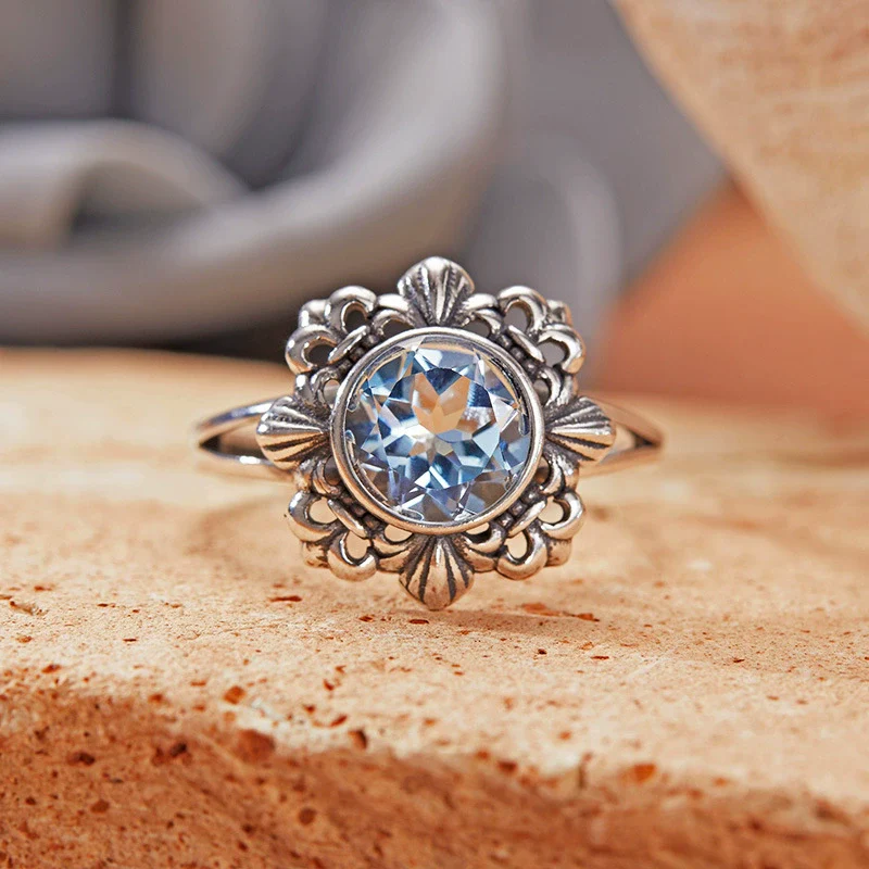 Wholesale Retro Women's S925 Sterling Silver Ring With Cut Out Flower Pattern Inlaid With Natural Jasper Topaz Gemstone - Image 8