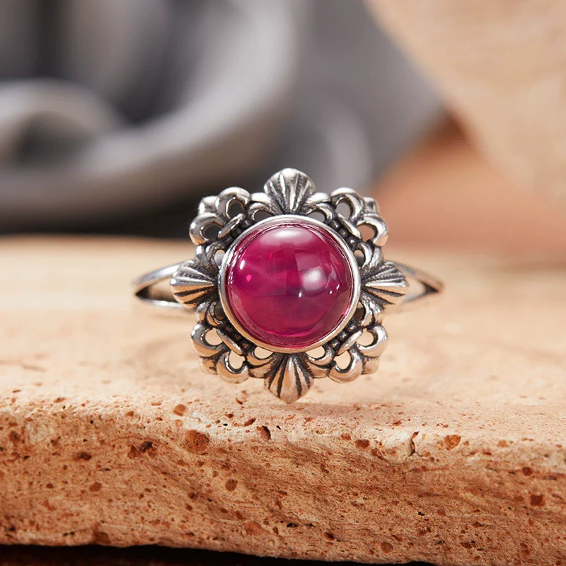 Wholesale Retro Women's S925 Sterling Silver Ring With Cut Out Flower Pattern Inlaid With Natural Jasper Topaz Gemstone - Image 9