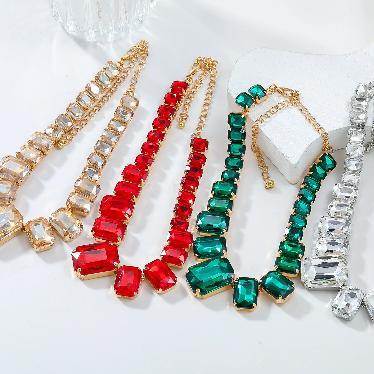 Wholesale Rhinestone Jewelry Exaggerated Geometric Inlay Square Necklace Earrings Bracelet Set For Women - Image 2