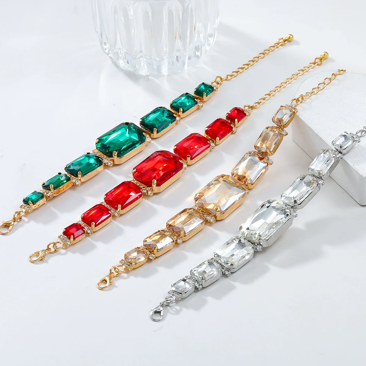 Wholesale Rhinestone Jewelry Exaggerated Geometric Inlay Square Necklace Earrings Bracelet Set For Women - Image 3