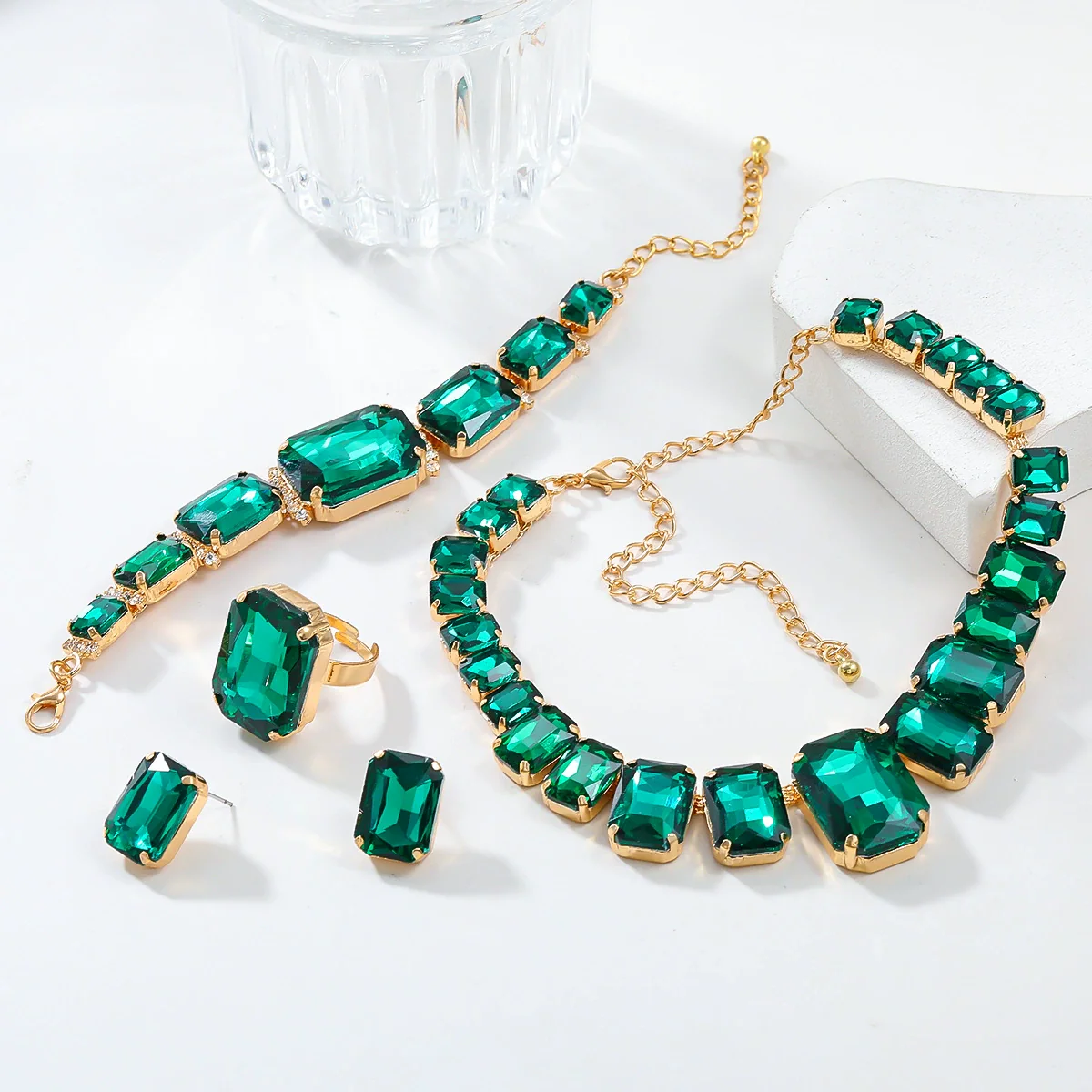 Wholesale Rhinestone Jewelry Exaggerated Geometric Inlay Square Necklace Earrings Bracelet Set For Women - Image 4