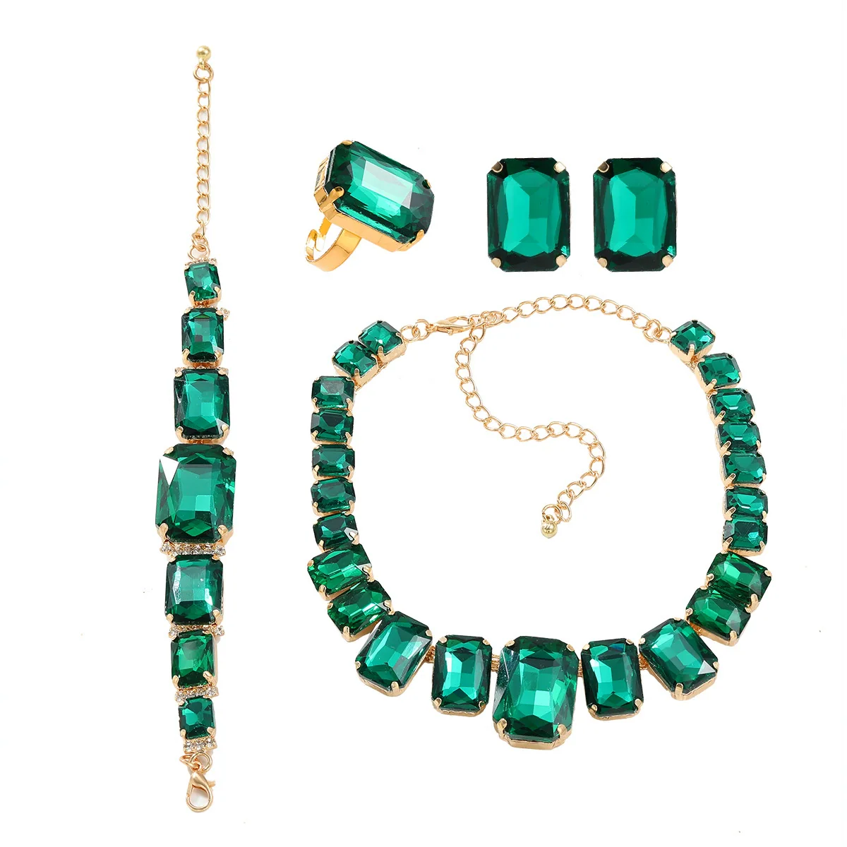 Wholesale Rhinestone Jewelry Exaggerated Geometric Inlay Square Necklace Earrings Bracelet Set For Women - Image 5